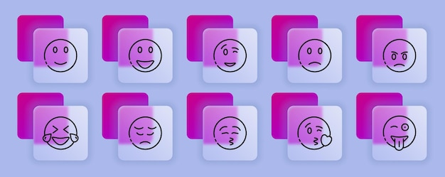 Ícone do conjunto de emoticons tristeza chorando amor riso surpresa língua raiva consternação sobressalto destemperado emoção sentimento emoji conceito de humor estilo de vidromorfismo ícone de linha vetorial