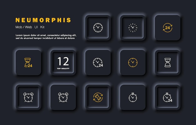 Vetor Ícone do conjunto de gerenciamento de tempo relógio de parede minutos ponteiro dos minutos stopwhatch alarme de ampulheta 27 a 7 conceito de pontualidade estilo de neomorfismo ícone de linha vetorial para negócios e publicidade