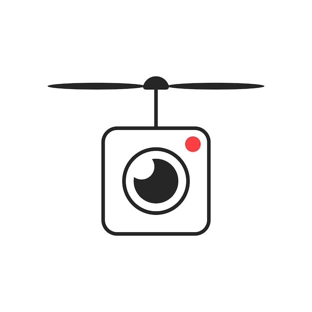 Ícone do drone com lente da câmera. conceito de brinquedo hobbie inteligente, câmera de ação, filmagem de drone, instantâneo, videografia. isolado no fundo branco. ilustração em vetor design moderno logotipo tendência estilo simples