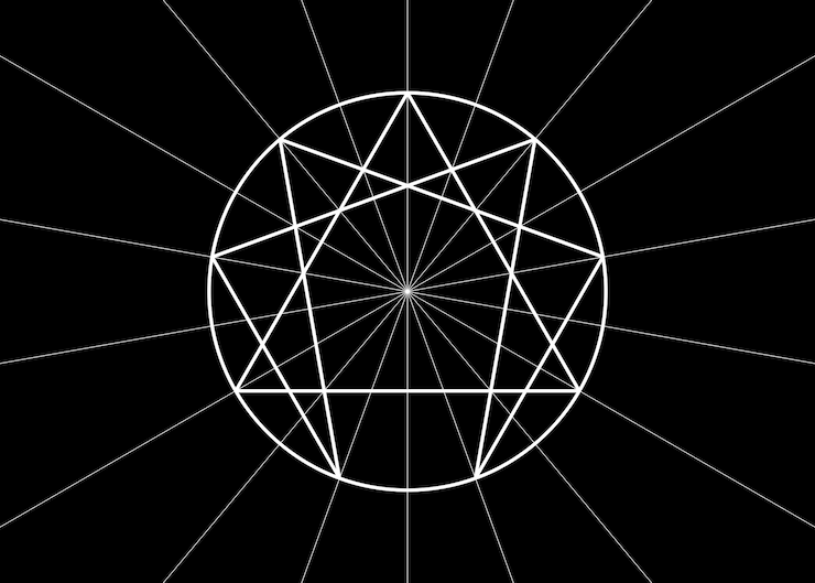 Vetor ícone do eneagrama, geometria sagrada, modelo de logotipo de diagrama branco, ilustração vetorial isolada em preto