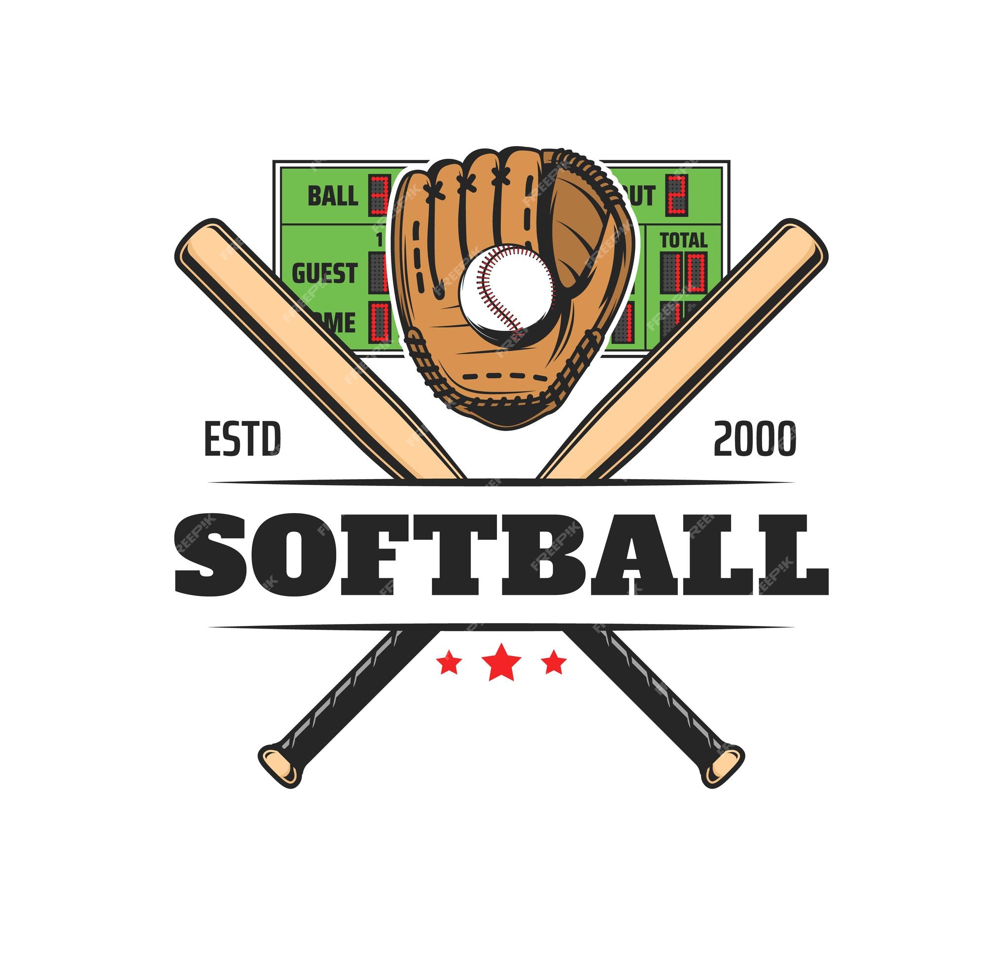 Ícone do esporte softball, emblema do time do clube de beisebol e emblema  do vetor do jogo da liga. luva para equipamentos de softbol ou beisebol,  bola e tacos para campeonatos esportivos ou torneios universitários