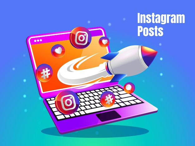 Ícone do instagram com laptop e foguete