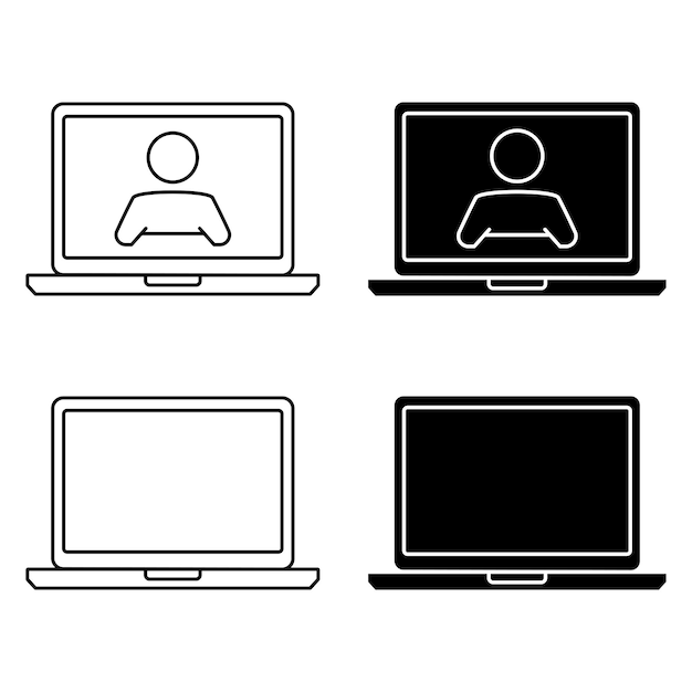 Ícone do laptop. tablet de estrutura fina. símbolo plano simples de computador portátil. ícone de computador portabilidade em glifo e estrutura de tópicos. pode ser usado para videoconferência, webinar, chats de vídeo, curso online. vetor
