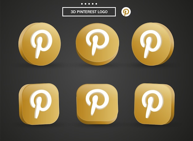 Ícone do logotipo 3d pinterest no moderno círculo dourado e quadrado para logotipos de ícones de mídia social