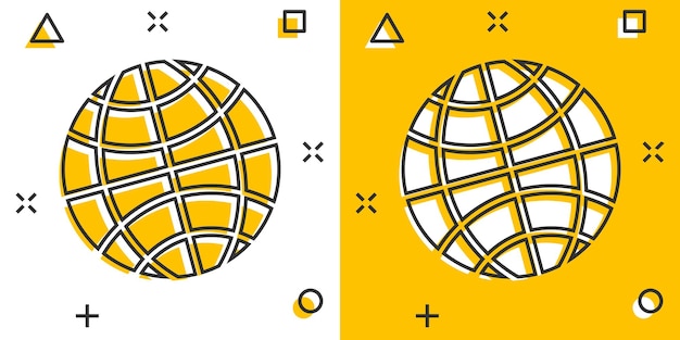 Ícone do planeta terra em estilo cômico ilustração em vetor de desenho geográfico globo em fundo branco isolado conceito de negócio de efeito de respingo de comunicação global