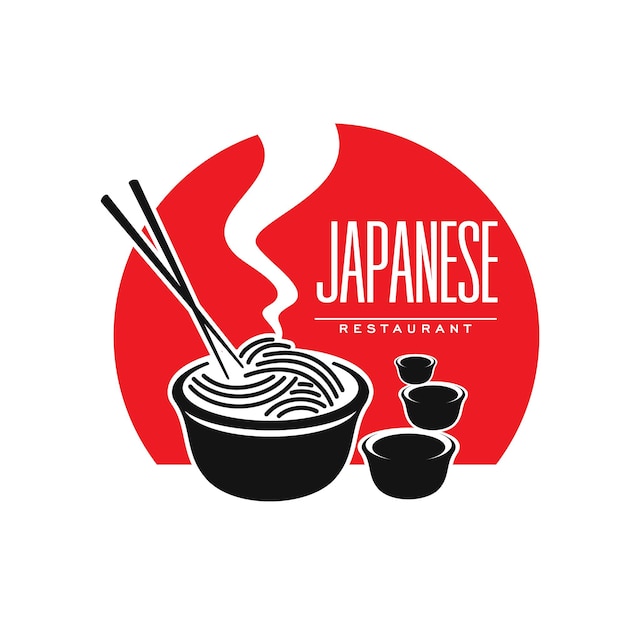 Ícone do restaurante de cozinha japonesa com macarrão e molho, símbolo do vetor. bar de comida japonesa e asiática ou emblema de café e restaurante com ramen japonês ou macarrão udon e pauzinhos