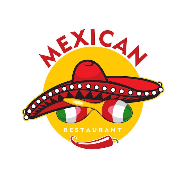 Ícone do restaurante mexicano, vetor pimenta jalapeño, maracas e chapéu sombrero. elemento de design de desenho animado para o menu de café latino, emblema com símbolos tradicionais do méxico, isolado no fundo branco