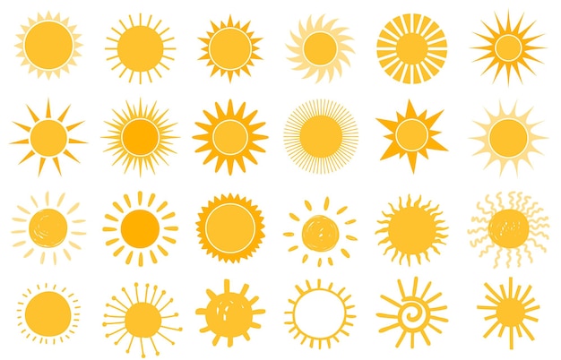 Ícone do sol dos desenhos animados. Símbolos de verão desenhados à mão e plana. Logotipo da forma do sol. Conjunto de vetores de silhuetas de sol da manhã e elementos de tempo de dia ensolarado. Luz do sol laranja brilhante com vigas e raios