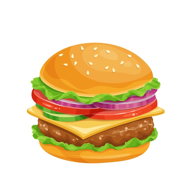 Ícone dos desenhos animados de hambúrguer ou cheeseburger.