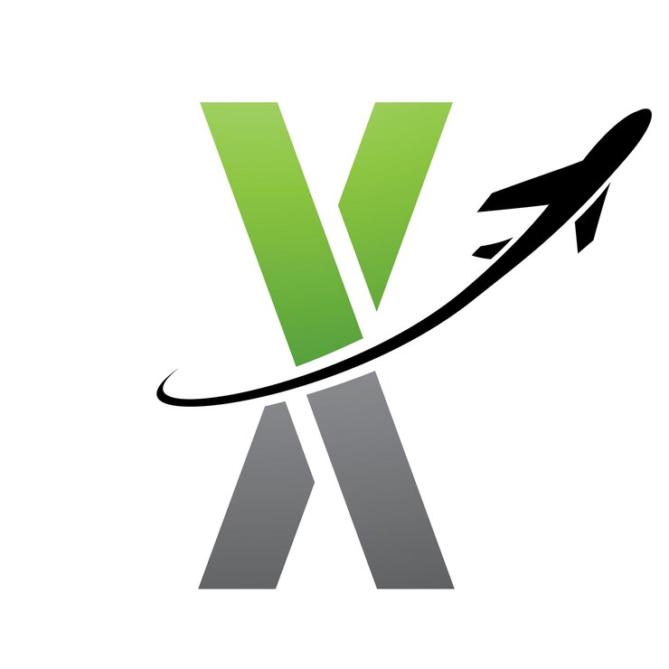 Vetor ícone futurista de letra x verde e preta com um avião em fundo branco