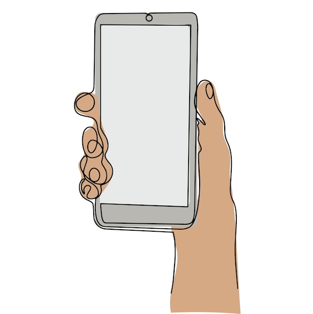 Ícone linear Telefone celular na mão Desenho contínuo de uma mão segurando um telefone