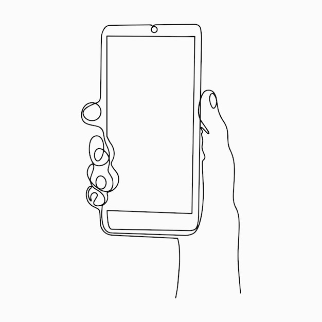 Ícone linear telefone celular na mão desenho contínuo de uma mão segurando um telefone