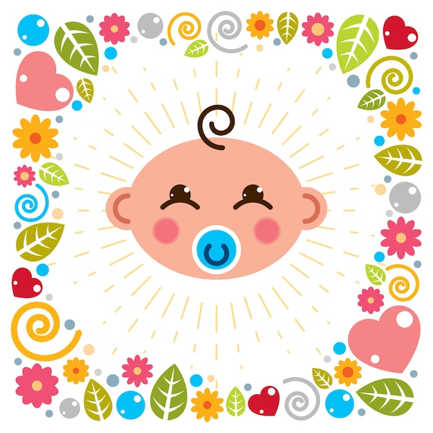 Vetor Ícone plano de vetor de desenho animado de bebê fofo, adorável criança feliz e sorridente com emoji de mamilo. com bela moldura infantil de flores, corações e folhas.