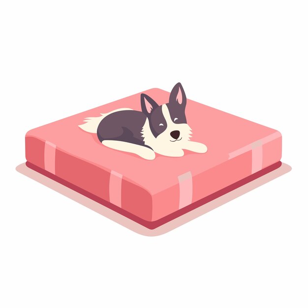 Vetor Ícone plano vetorial um cão preto e branco descansando em um colchão rosa
