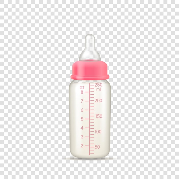 Ícone realista de mamadeira de bebê isolado no fundo branco. biberão para menina com tampa rosa e medida de volume para fórmula de ração. ilustração vetorial 3d