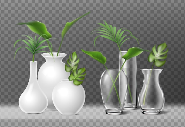 ícone realista Vasos de flores de porcelana e vidro isolados com plantas dentro