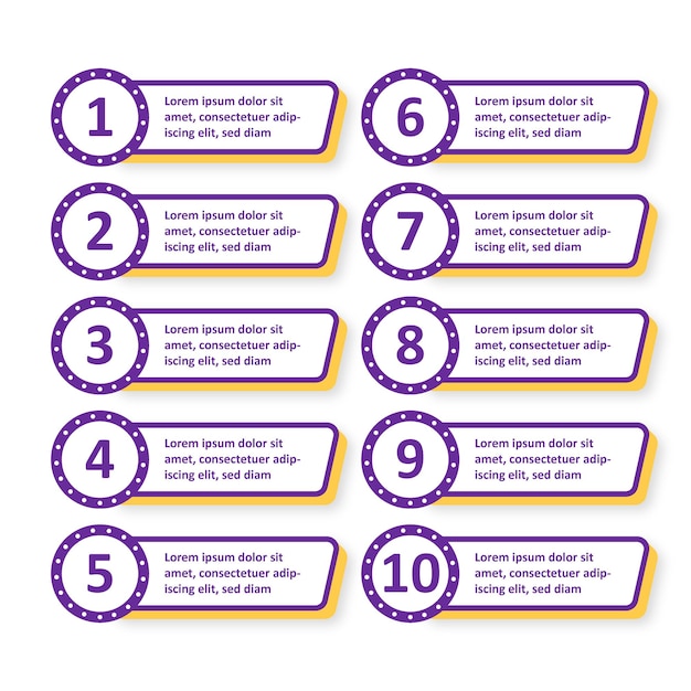 Ícone simples com formato de círculo numerado roxo amarelo com caixa de texto de lembrete