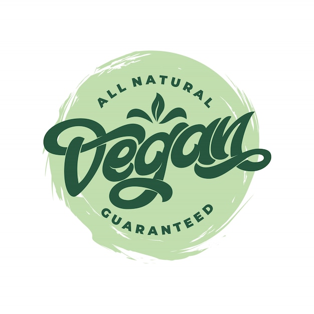 Ícone todo vegano natural garantido com fundo branco. letras manuscritas para restaurante, menu de café. elementos para etiquetas, logotipos, emblemas, adesivos ou ícones.