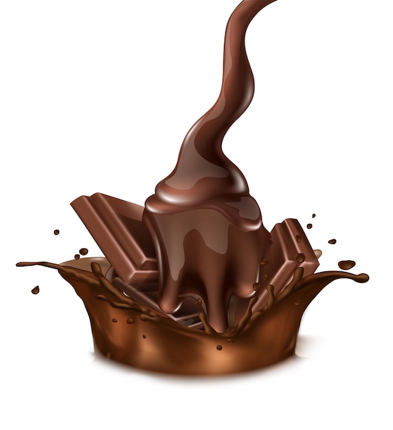 ícone vetorial realista salpico de chocolate com líquido e barra de chocolate Isolado