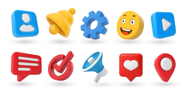 Ícones 3d de marketing marca de seleção do pino de localização sorriso amarelo emoji e sino de notificação contatos e configurações megafone e conjunto de vetores de botão de reprodução de vídeo