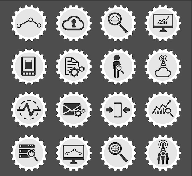 Ícones analíticos de dados em selos postais redondos estilizados