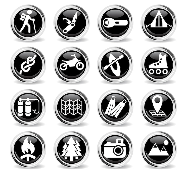 Ícones ativos de recreação em botões pretos redondos com anel de metal