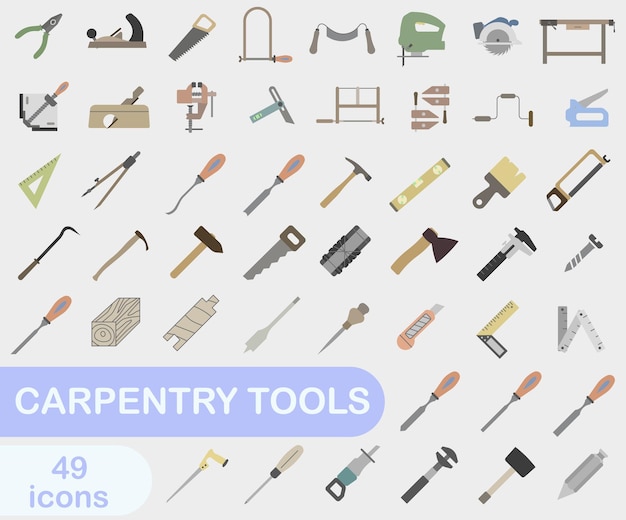 Ícones brilhantes coloridos de ferramentas de carpintaria coleção de ícones de ferramentas decarpintaria