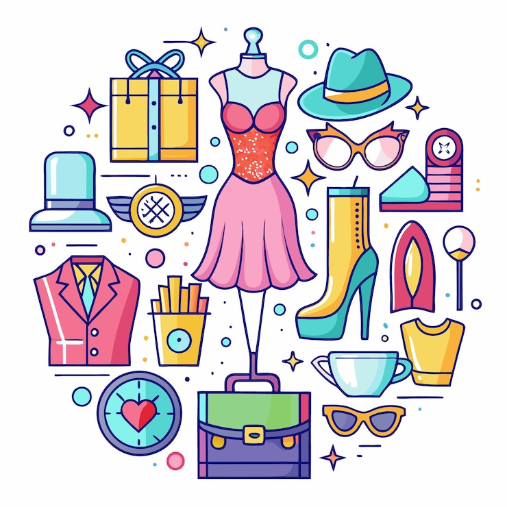 Vetor ícones coloridos com itens de moda, comida e bebida