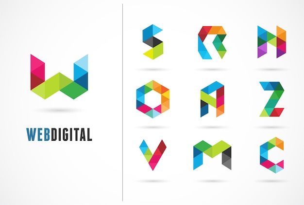 Ícones coloridos criativos e digitais, elemento e símbolo, modelo de logotipo. w, s, o, a, z, n, m, c