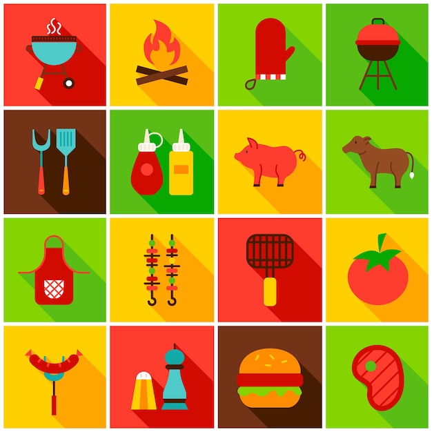Ícones coloridos de comida de churrasco. Ilustração vetorial. Conjunto de itens retângulo plano com sombra longa.