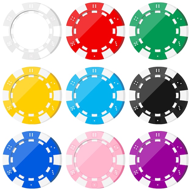 Ícones coloridos de fichas de pôquer ajustados isolados no fundo branco - branco, vermelho, verde, amarelo, azul, preto, rosa, roxo.