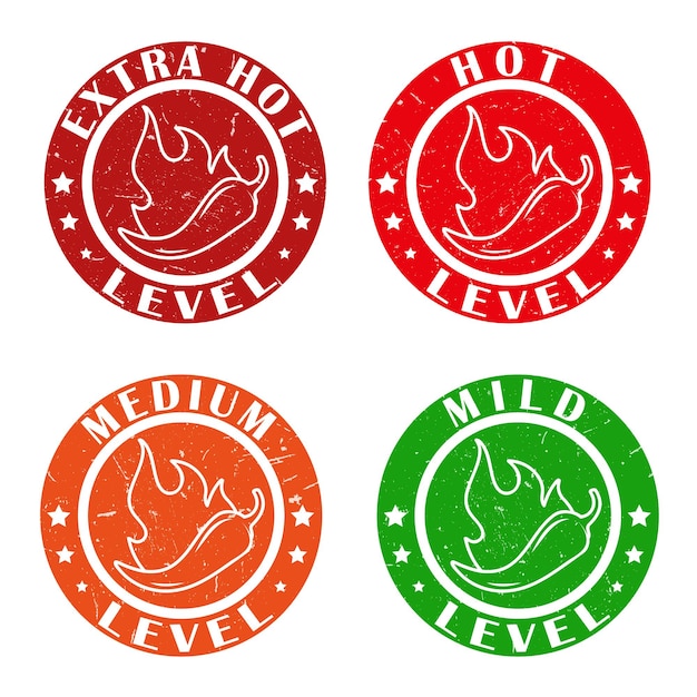 Ícones com selos de níveis de especiarias de pimenta malagueta com chama de fogo para embalar adesivos de molho de comida picante