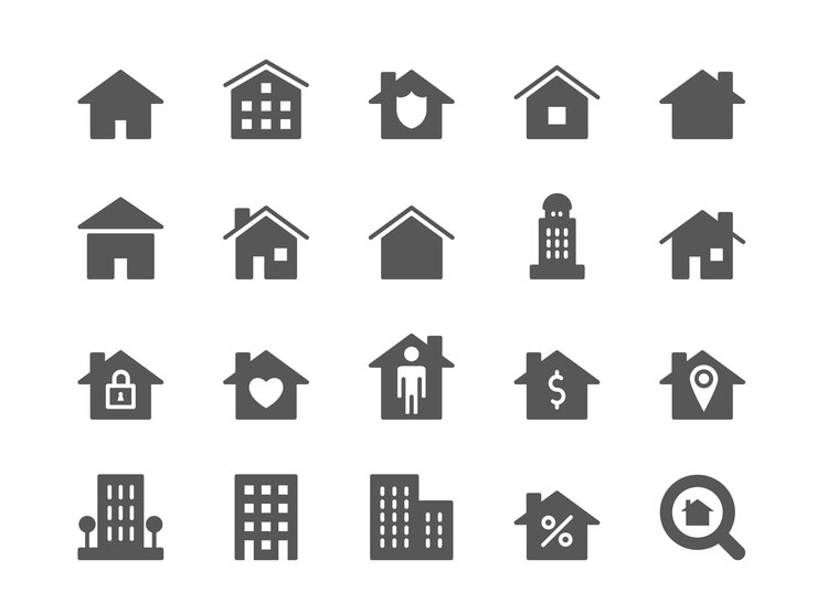 Vetor ícones da casa logotipo da forma da casa edifício residencial entrada do hotel cottage ou patria casa nido silhuetas de habitação imóveis hipoteca porcentagem localização pin sete de símbolos vetoriais
