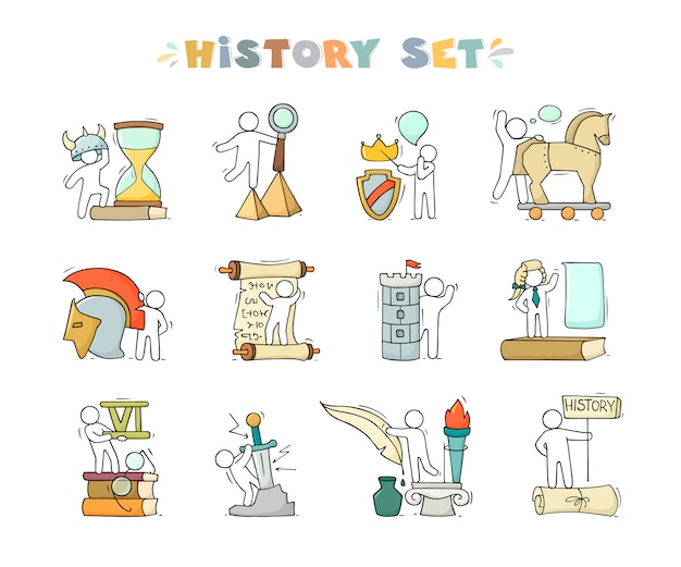 Ícones da história conjunto com estudar pequenas pessoas.