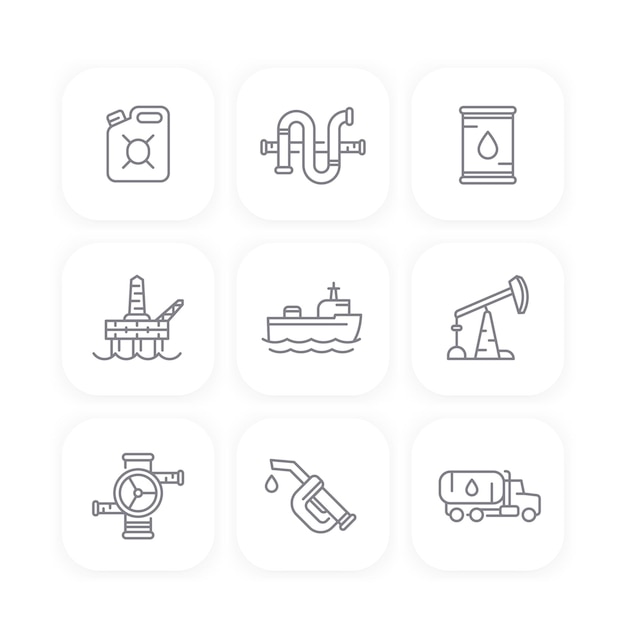 Ícones da linha da indústria petrolífera plataforma de produção de gás de petróleo equipamento derrick petroleiro bocal de gasolina lata de gasolina ilustração vetorial