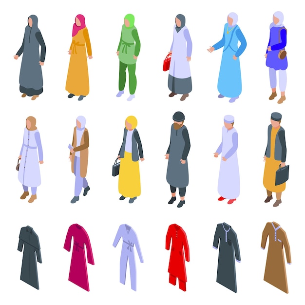 Vetor Ícones da moda muçulmana definem vetor isométrico árabe casual