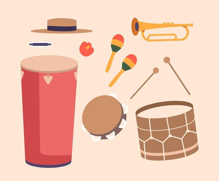 Vetor ícones da música latina set chapéu tambor com bastões harmônica e tamborim com maracas e trompete elementos isolados para apresentação de espetáculos musicais ilustração vetorial de desenho animado