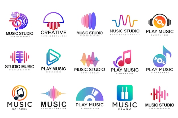 Ícones da música setvector logos com notas musicais e festival de música de onda de áudioVector Illustration