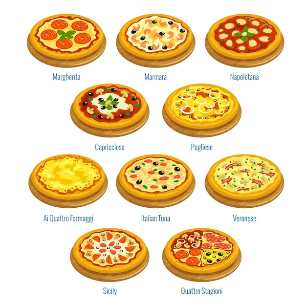 Ícones da pizza ilustração dos elementos do menu da pizzaria