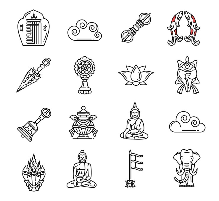 Vetor ícones da religião do budismo símbolos de buda e roda do dharma budista vetor tibete ou lótus do budismo religioso esotérico e sinal de mudra de buda da meditação zen nó interminável e símbolos de elefante