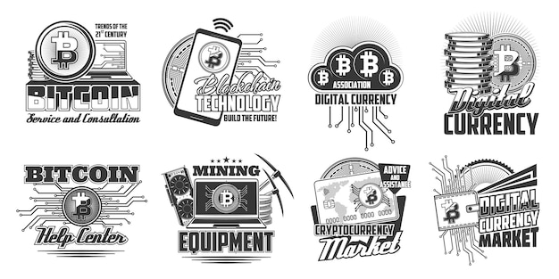 Ícones da tecnologia de blockchain de criptomoeda bitcoin. computador portátil, celular e placa gráfica, moedas bitcoin, cartão de banco e carteira gravada em vetor. mercado de moeda digital, emblema de equipamento de mineração