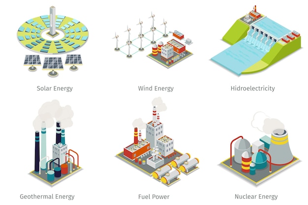 Ícones da usina. centrais e fontes de geração de eletricidade.