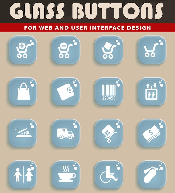 Ícones da web de compras em botões de vidro transparente