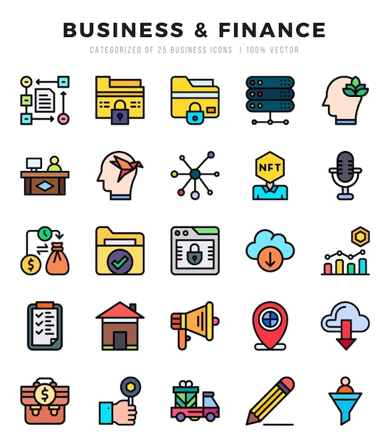 Vetor Ícones da web de finanças empresariais em estilo lineal color