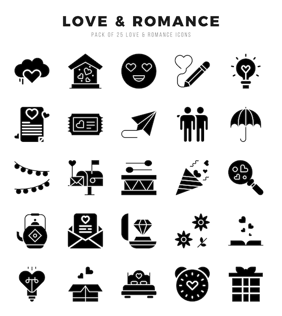 Ícones da web de romance no estilo glyph