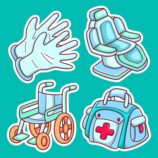 Ícones de adesivo de equipamento médico desenhados à mão para colorir vetor