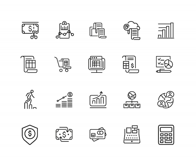 Ícones de administração. conjunto de ícones de vinte linhas. relatório, contabilidade, cartão de crédito.