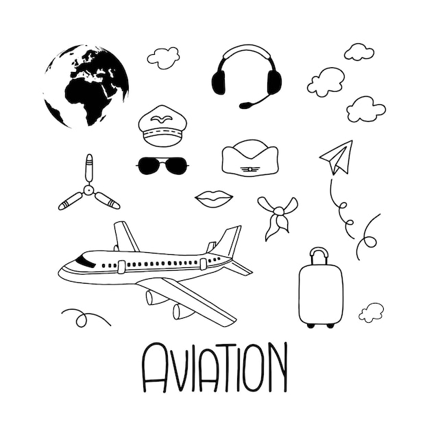 Ícones de aviação com letras. mão desenhar ilustração em vetor linha. o conjunto é composto por avião.