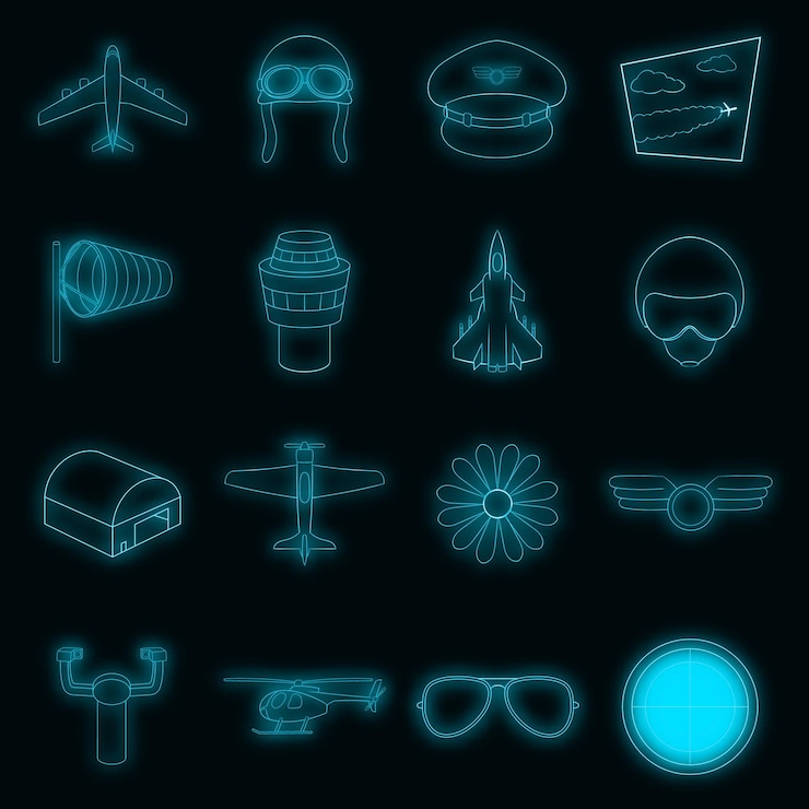 Vetor ícones de aviação definir vetor neon