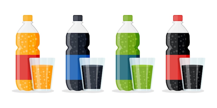 Vetor ícones de bebidas gaseificadas em estilo plano ilustração vetorial de garrafa de plástico e vidro em fundo isolado conceito de negócio de sinalização de bebidas de água